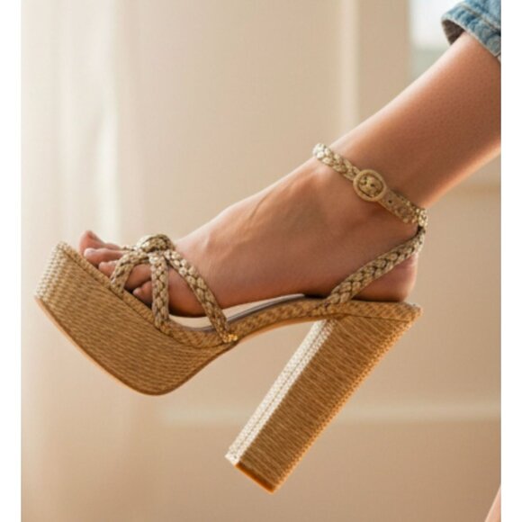 Gold Braided Raffia Platform Heels With Ankle Strap Block Heel - Picture 2 of 8